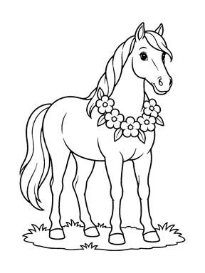 A calm horse wears a simple wreath of large flowers around its neck.