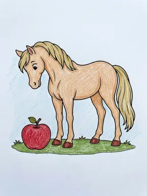 Horse Looking at an Apple Coloring Page colored with AI in crayon style