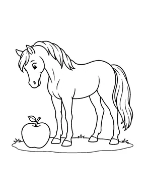 A horse looks down at a large apple resting on the ground.