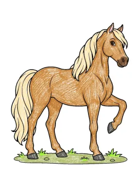 Horse Lifting a Front Hoof Coloring Page colored with AI in crayon style