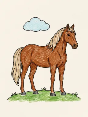 Horse on a Small Hill Coloring Page colored with AI in crayon style