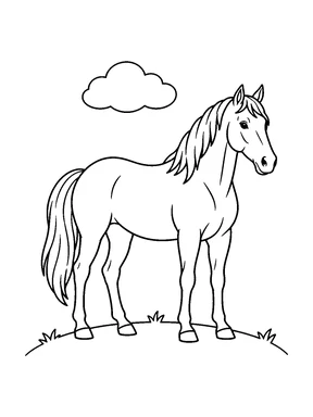 A horse stands on a small rounded hill beneath a simple cloud.