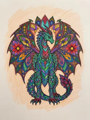 Dragon with Floral Wing Wheel Mandala Coloring Page colored with AI in crayon style