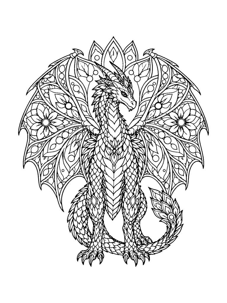 A richly patterned dragon stands upright with its wings spread into a symmetrical wheel of flowers and petals.