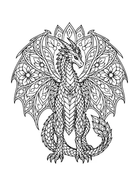 A richly patterned dragon stands upright with its wings spread into a symmetrical wheel of flowers and petals.