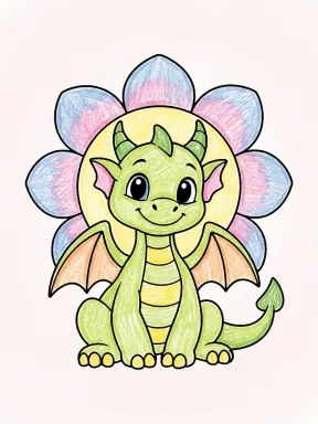 Little Dragon and Flower Circle Coloring Page colored with AI in crayon style