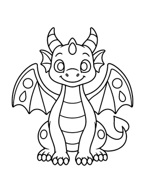 A smiling young dragon faces forward with its wings open, decorated with simple circles and teardrop shapes.