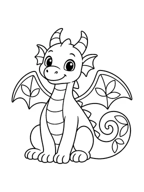 A seated little dragon curls its tail into a large spiral, with a few leaf-shaped motifs on its wings and tail.