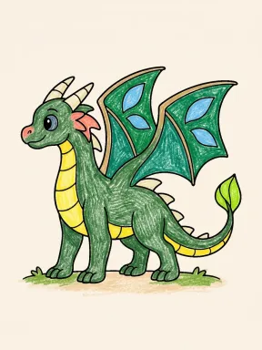 Standing Dragon with Leaf Wing Motifs Coloring Page colored with AI in crayon style
