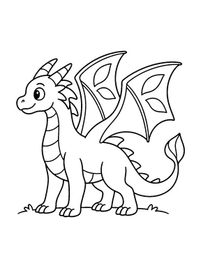A little dragon stands in side view with its wings raised, each wing panel holding simple mirrored leaf shapes.