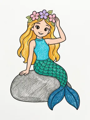 Flower Crown Mermaid Coloring Page colored with AI in crayon style