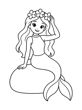 A mermaid in a flower crown sits on a rounded rock, one hand on the rock and the other touching her crown.