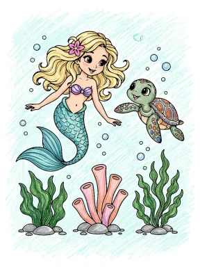 Mermaid and Sea Turtle Coloring Page, colored example