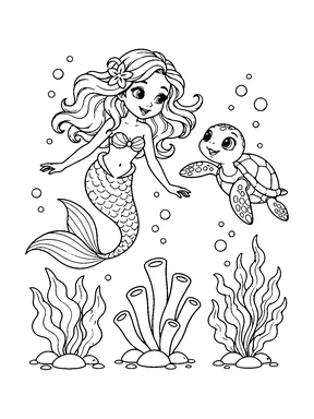 A cute mermaid swims beside a friendly sea turtle above broad sea plants.