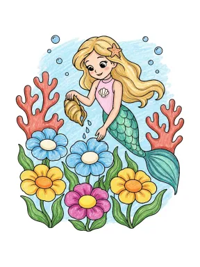 Mermaid Underwater Garden Coloring Page colored with AI in crayon style