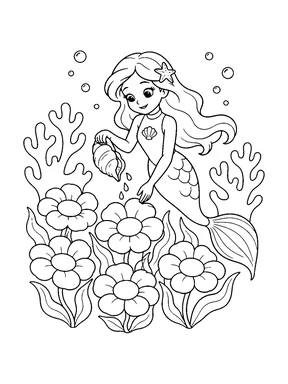 A cute mermaid waters a garden of large sea flowers between broad coral shapes.