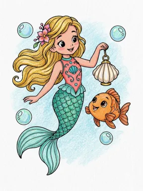 Mermaid with Shell Lantern Coloring Page colored with AI in crayon style