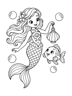 A cute mermaid carries a shell lantern while a round fish swims beside her.