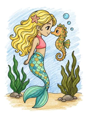 Mermaid and Seahorse Coloring Page colored with AI in crayon style