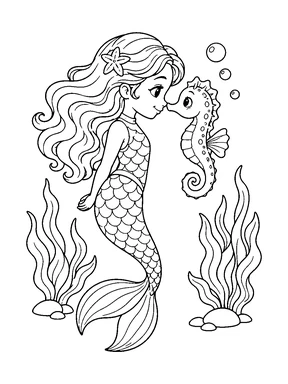 A cute mermaid and a seahorse gently touch noses between two seaweed clusters.