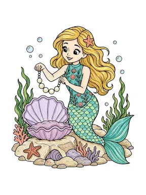 Mermaid Pearl Necklace Coloring Page colored with AI in crayon style
