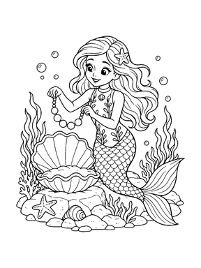 A cute mermaid holds a pearl necklace above a large open shell on the seabed.