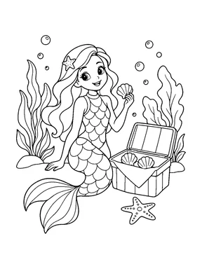 A cute mermaid holds a shell snack beside an open picnic basket and a starfish.