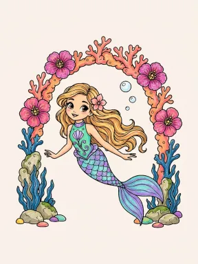 Mermaid Coral Arch Coloring Page colored with AI in crayon style