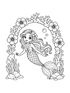 A cute mermaid swims through a complete coral arch decorated with large sea flowers.
