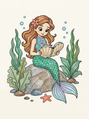 Mermaid Reading a Shell Book Coloring Page colored with AI in crayon style