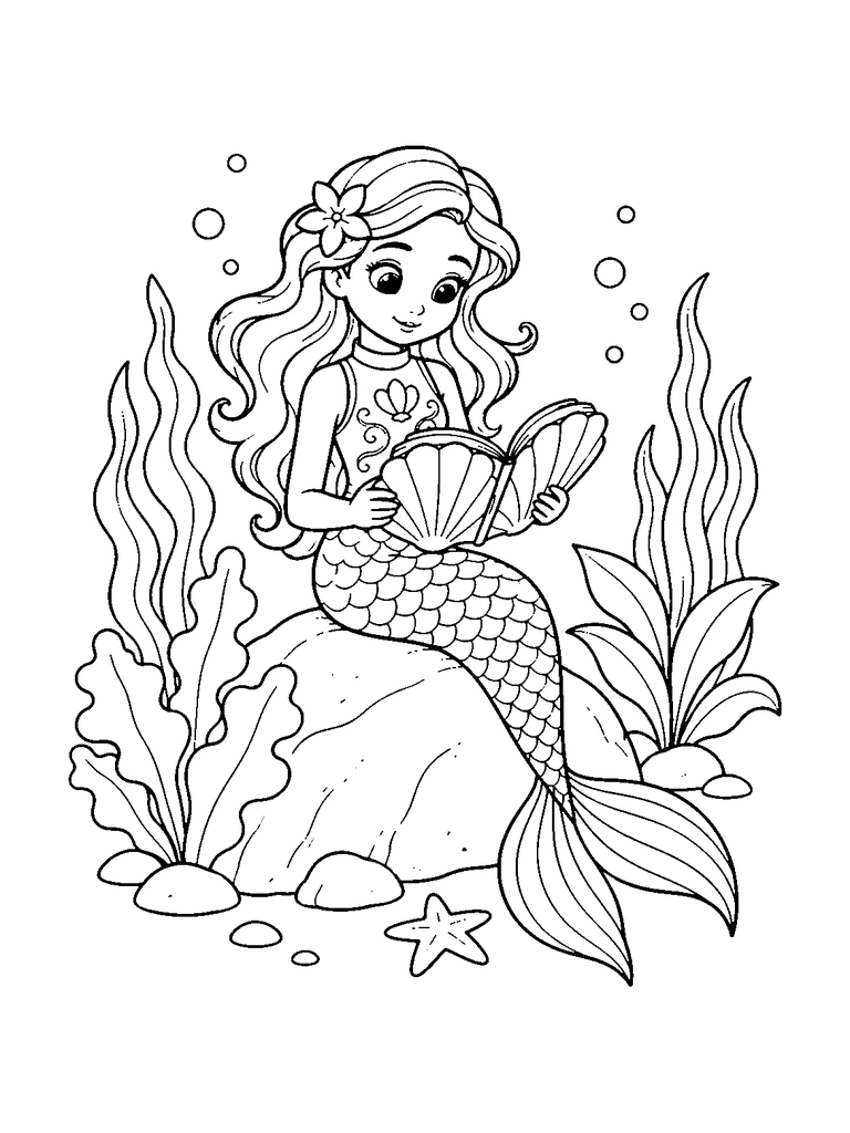 A cute mermaid reads an open shell-shaped book while sitting on a rounded rock.
