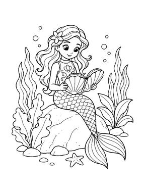 A cute mermaid reads an open shell-shaped book while sitting on a rounded rock.