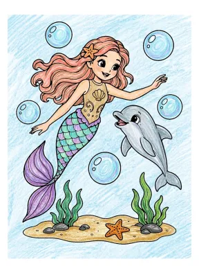 Mermaid and Dolphin Coloring Page colored with AI in crayon style