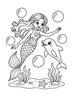 A cute mermaid swims with a friendly dolphin above sea plants and a starfish.
