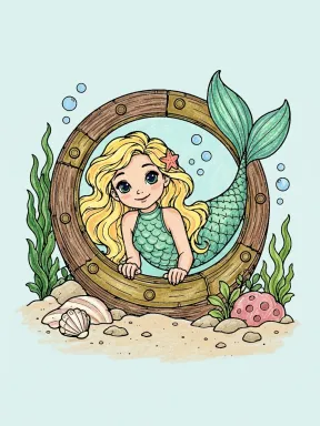 Mermaid Ship Porthole Coloring Page colored with AI in crayon style
