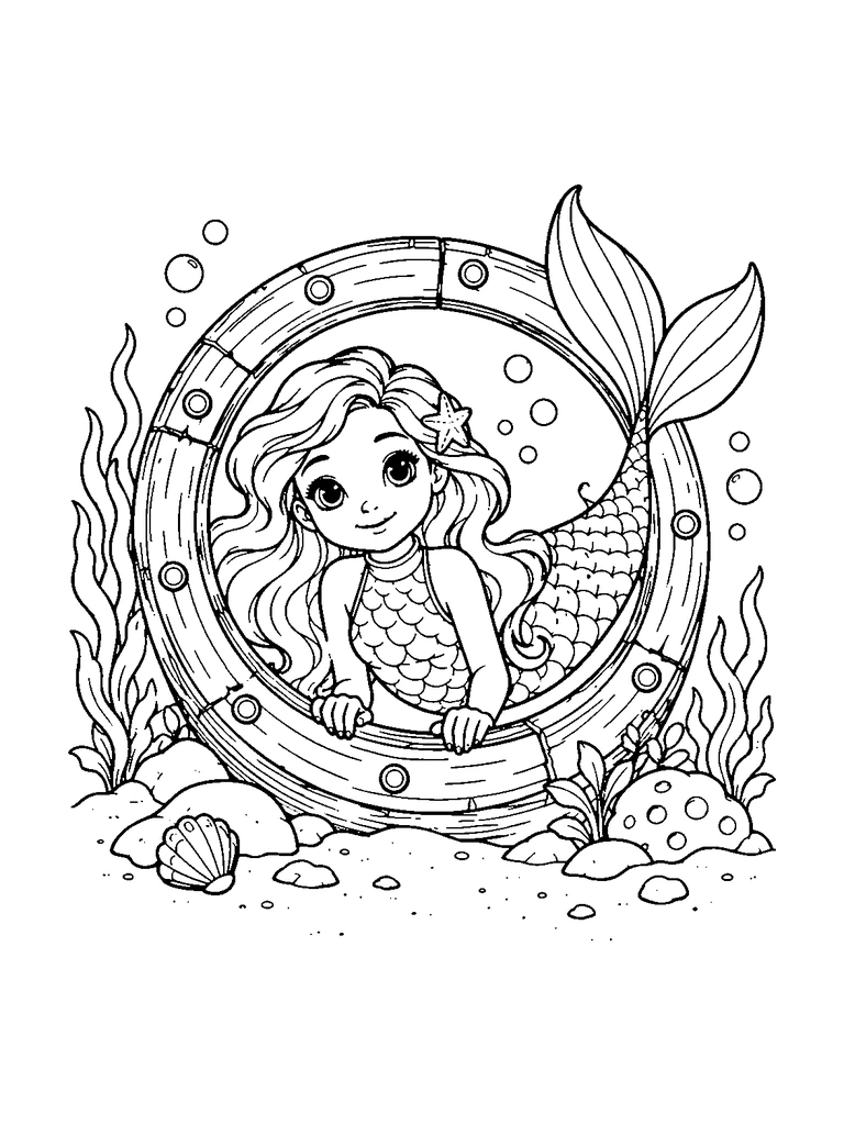 A cute mermaid peeks through a complete round wooden ship porthole on the seabed.