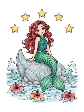 Mermaid Starry Cove Coloring Page colored with AI in crayon style