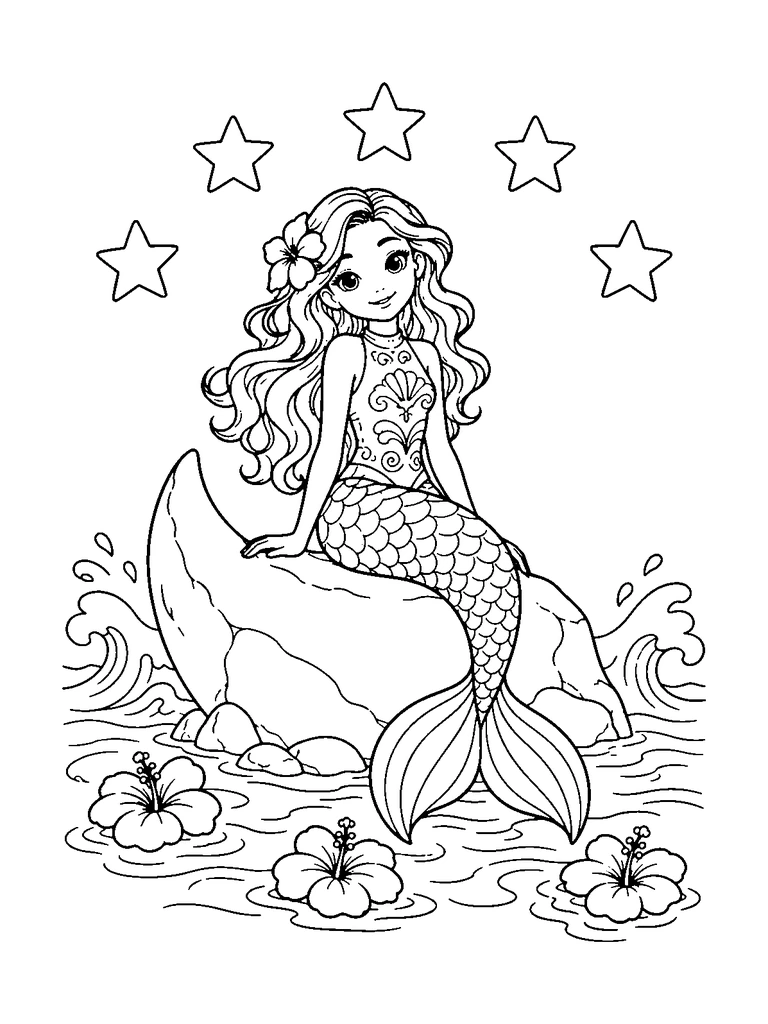 A cute mermaid sits on a pointed crescent-like rock beneath five large stars.