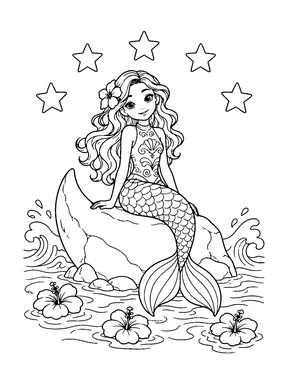 A cute mermaid sits on a pointed crescent-like rock beneath five large stars.