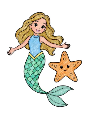 Mermaid and Starfish Coloring Page colored with AI in crayon style