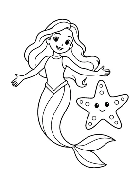 A friendly mermaid floats beside a large smiling starfish with her full tail visible.