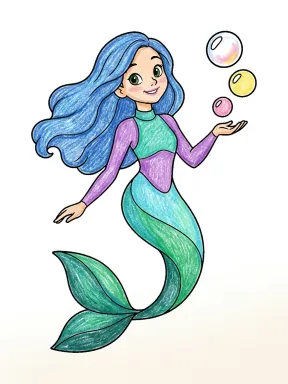 Mermaid Bubble Magic Coloring Page colored with AI in crayon style