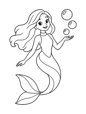 A smiling mermaid holds out one hand beneath three large bubbles.