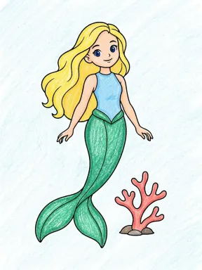 Mermaid by Coral Coloring Page colored with AI in crayon style