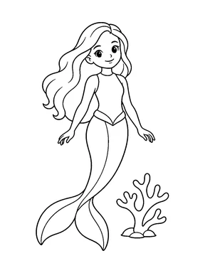 A mermaid with a long flowing tail floats beside a simple coral branch.