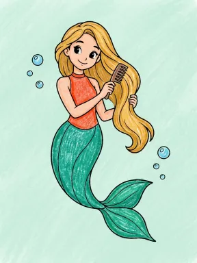 Mermaid Combing Her Hair Coloring Page colored with AI in crayon style