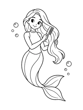 A mermaid uses a wide-tooth comb on her long hair while bubbles float nearby.
