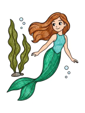 Mermaid Swimming by Seaweed Coloring Page colored with AI in crayon style