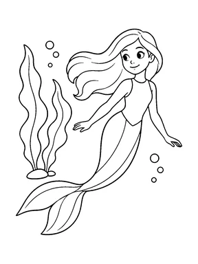 A mermaid swims past two broad seaweed leaves and a few round bubbles.