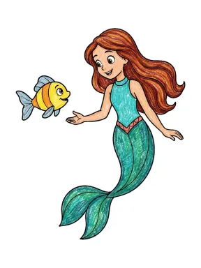Mermaid and Fish Friend Coloring Page colored with AI in crayon style